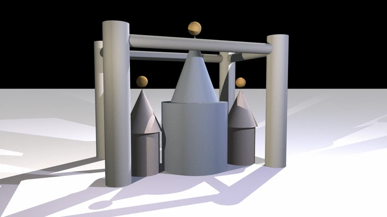 A small castle built from cones, cylinders and spheres