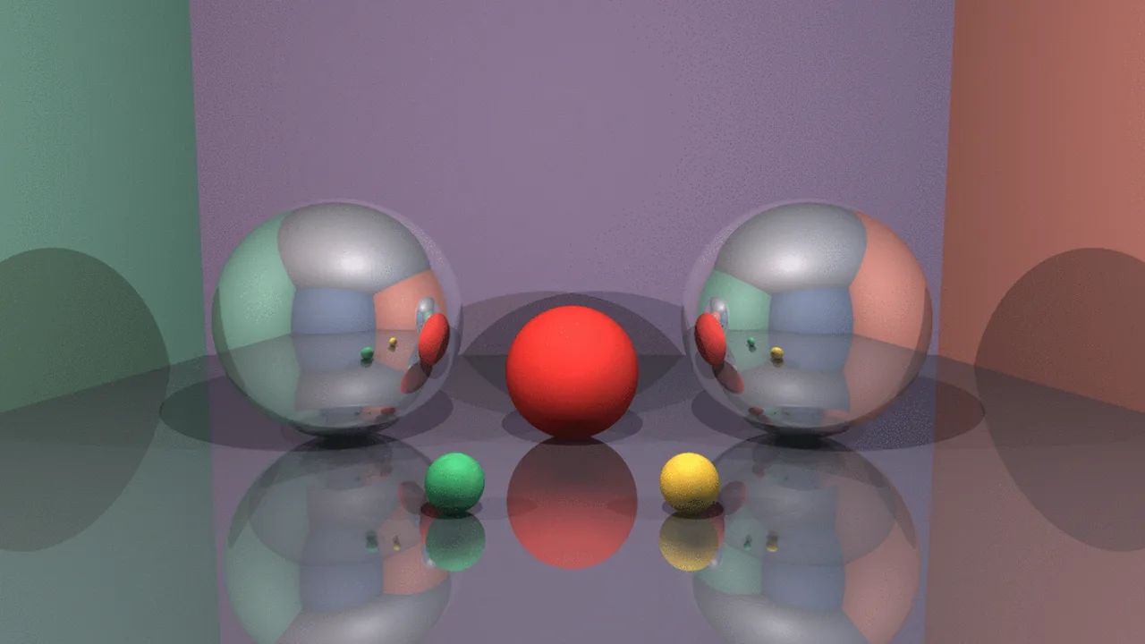 Two mirror spheres reflecting each other across a matte red sphere
