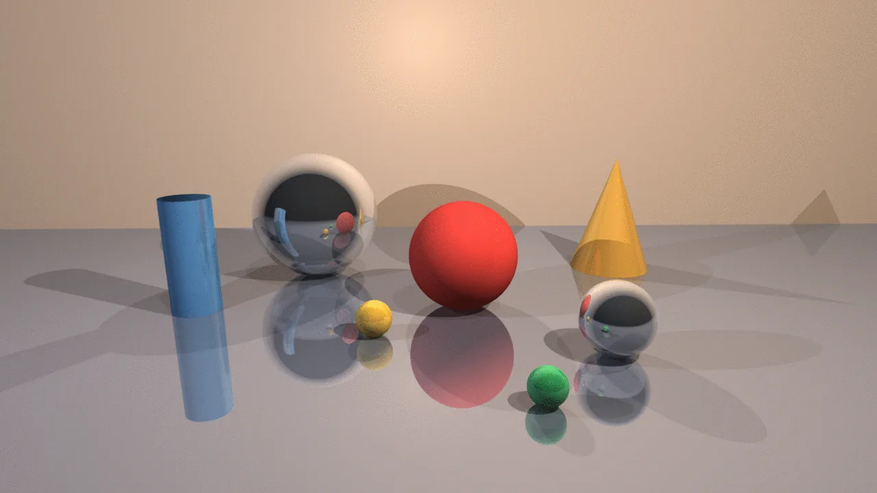 Spheres, a cone and a capped cylinder on a reflective floor, rendered by Retsu